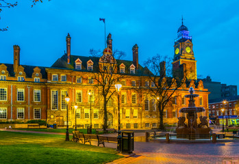 Sunset view of town hall in Leicester, England
