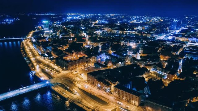 Drone Night Timelepse Riga city Old Down Drone Flight daugava, latvia river