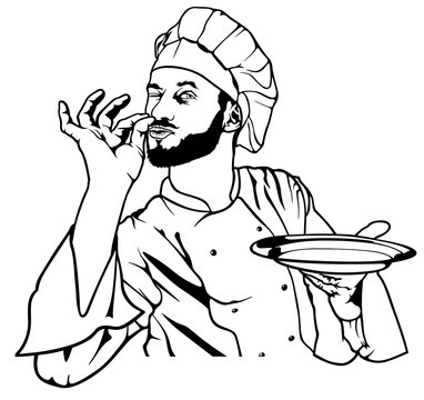 Chef Gesture Delicious and Holding a Plate - Black and White Sketch Illustration, Vector