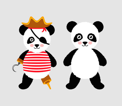 Cute panda pirate standing with hat and hook.