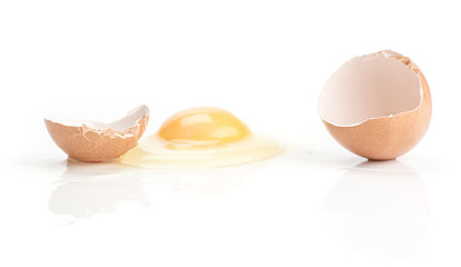 Cracked brown chicken egg isolated on white background one raw yolk was separated from the broken shell.