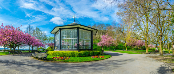 View of a blossoming garden inside of the Nottingham castle, England