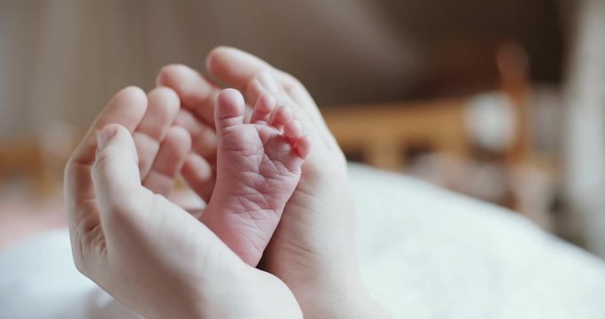 4k, a newborn baby holds a close-up in the mother's hands, slow motion, maternity concept