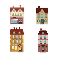 Set of 4 different residential houses - urban architecture. Vector illustration in flat style, isolated on white background