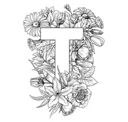 Vintage flower alphabet. Hand drawn vector illustration Isolated on white background. My portfolio have other letters.