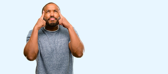African american man with beard doubt expression, confuse and wonder concept, uncertain future...