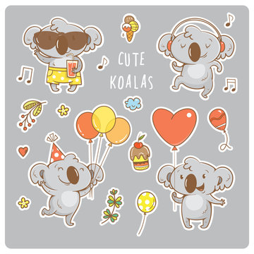 Set  with cute cartoon koalas stickers. Vector contour  image. Little funny baby animals on party. Children's illustration.