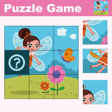 Puzzle education game for preschool children with fairy character. (Vector illustration)