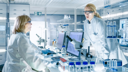 In Modern Laboratory Senior Female Scientist Discusses Work with Young Female Assistant. Laboratory...