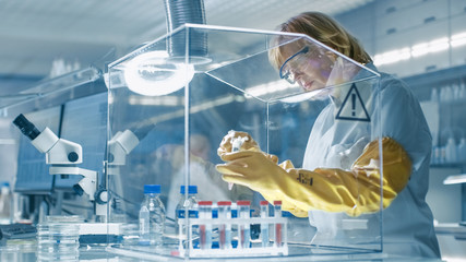 Senior Female Epidemiologist Works with Samples in Isolation Glove Box. She's in a Modern, Busy...