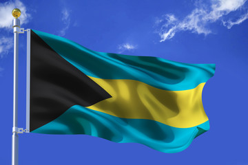 The silk waving flag of Bahamas with a flagpole on a blue sky background with clouds .3D illustration..