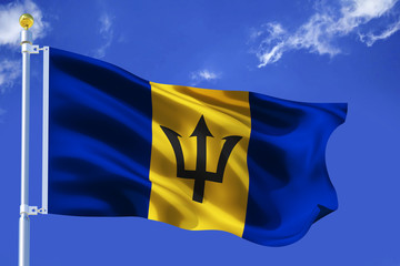 The silk waving flag of Barbados with a flagpole on a blue sky background with clouds .3D illustration..