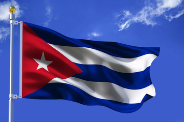 The silk waving flag of Cuba with a flagpole on a blue sky background with clouds .3D illustration..