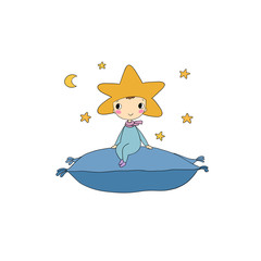 A boy star sits on a pillow.