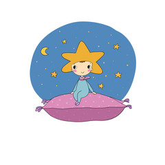 A boy star sits on a pillow.