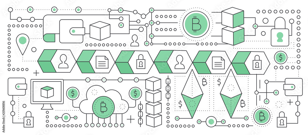 Aufkleber bitcoin, cryptocurrency and blockchain technology. blockchain global network transaction chain. flat