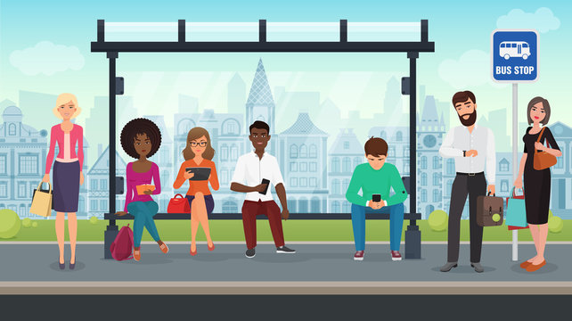 People were sitting at the modern bus stop. Vector illustration. Stock  Vector | Adobe Stock