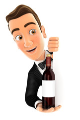 3d waiter behind left wall and holding red wine bottle