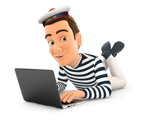 3d seaman lying on the floor and using laptop