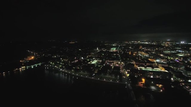 South Carolina Charleston Aerial v2 Birdseye night view of Cooper River and French Quarter 10/17