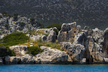 Flooded ancient Lycian city as a result of the earthquake city. Near the city of Simena in the vicinity of Kekova Turkey.