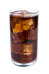 Cola in glass with ice cubes on white background