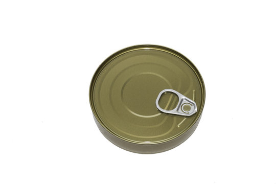 Tin can with seafood on a white background 