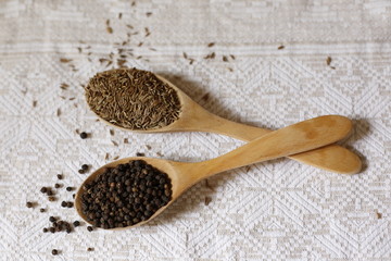 spices in wooden spoons