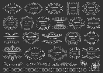 Calligraphic design elements . Decorative swirls or scrolls, vintage frames , flourishes, labels and dividers. Retro vector illustration