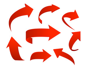 Vector illustration set of red arrow icons isolated on white background in 3d style.