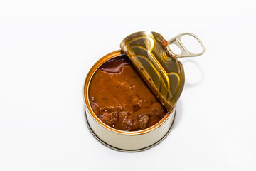 Open can with canned seafood close-up on a white background