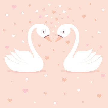 Cute swans on pink background. Children's card or shirt design.