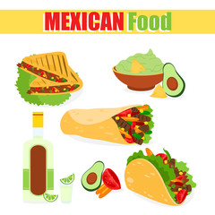 Vector illustration of a set of Mexican traditional dishes, tacos, burrito with avocado meat, tequila corn, isolated on a white background in a cartoon flat style.