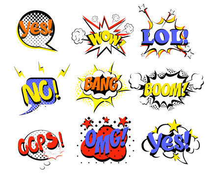 Vector illustration set of retro comic speech bubbles in bright colors on white background. LOL, NO, WOW, YES, SALE, BOOM, oops pop art.