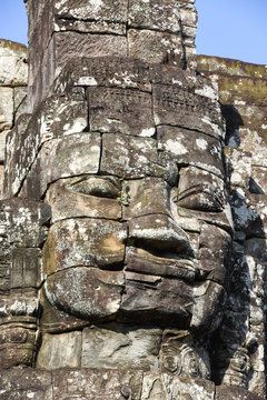 Closeup stone face of prasat Bayon temple, Angkor Thom, Cambodia