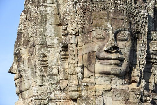Faces of Bayon temple in Angkor Thom at Siemreap, Cambodia.