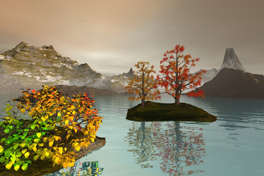 Afternoon view on the lake, an autumn landscape, snowy mountains, trees with red and yellow leaves and a coudy sky.