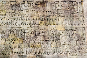 Fototapeta na wymiar Bas relief of Bayon Temple, Angkor Thom, Siem Reap, Cambodia