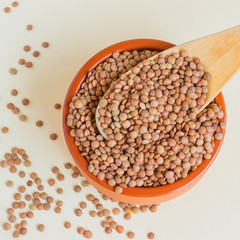 Fototapeta premium Organic lentils in a ceramic bowl with a large wooden spoon. Concept- healthy food, vegetarianism, observance of religious fasting. Selective focus.