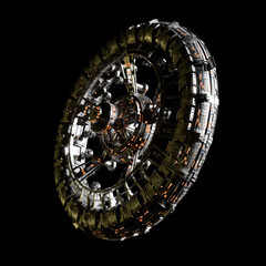 futuristic space station isolated on black background, high detail spacecraft (3d science fiction illustration)
