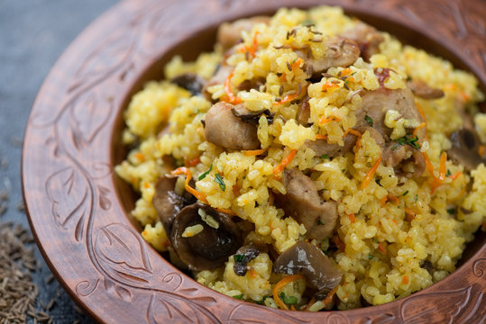 Close-up of pilaf with pork meat and mushrooms served in a clay plate, selective focus, shallow depth of field