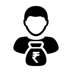 Indian Rupee Sign Icon Vector Person Male Avatar Symbol With Money Bag for Business Finance and Bank Savings Account in Glyph Pictogram illustration