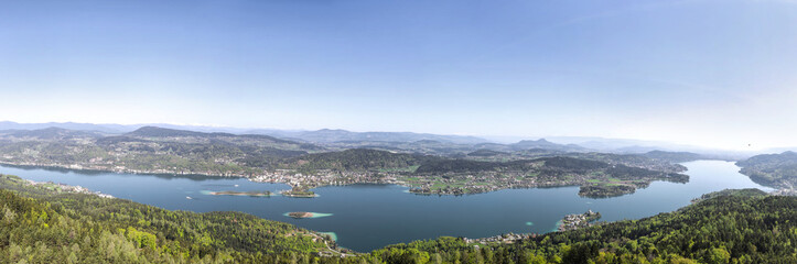 Fototapeta na wymiar Lake Woerth Panorama View From Pyramidenkogel In Carinthia Austria