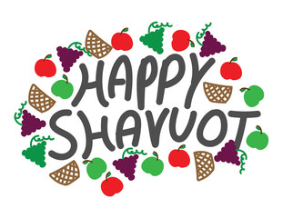 Happy Shavuot banner. Hand drawn text, fruits and baskets