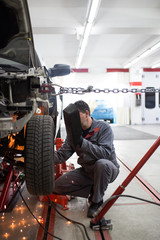 Auto mechanic repairing car. 