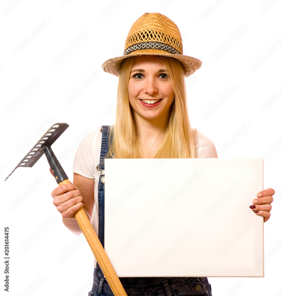 Poster junge gärtnerin mit schild