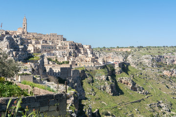 Obraz premium Horizontal View of the Sassi of Matera on Blue Sky Background. Matera, South of Italy