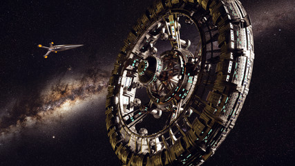 space station with spaceship and the beautiful Milky Way galaxy 