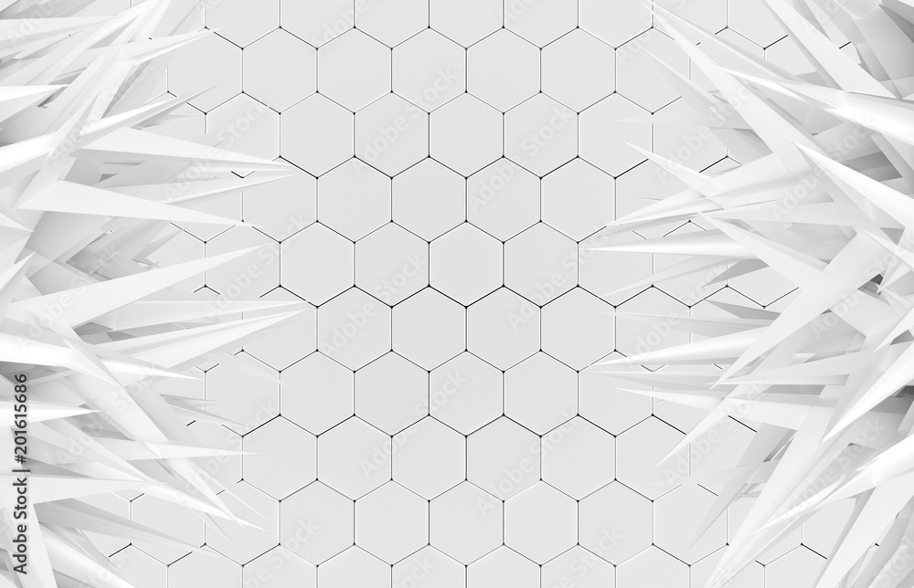 Poster abstract white spike and hexagon block with space backdrop, 3d rendering.