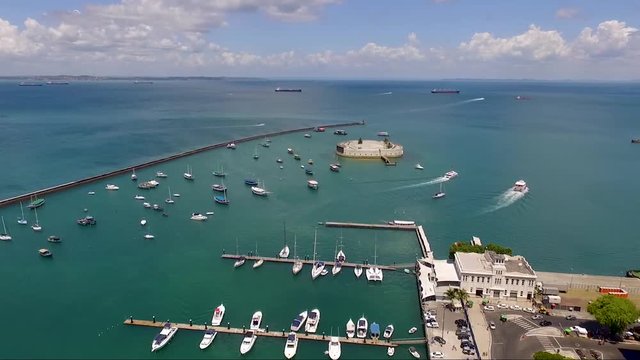 Aerial view of All Saints Bay, Mercado Modelo, Forte S&atilde;o Marcelo, Salvador, Bahia, Brazil.